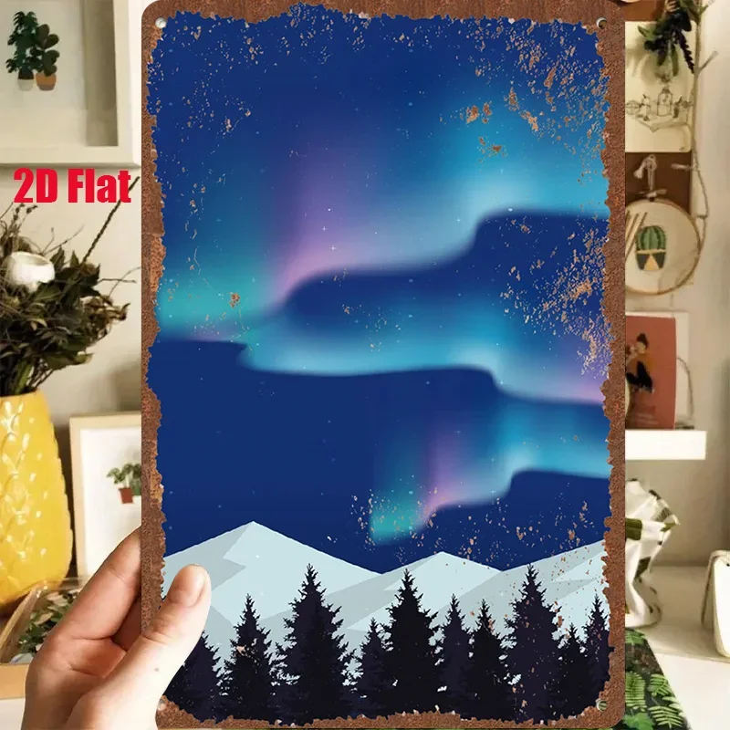 2D Flat - A 1pc 2D [Flat] Metal Sign Featuring a Vintage Tin Painting Titled 'Aurora Snow Scene' Measuring 8X12 Inches / 20X30 C