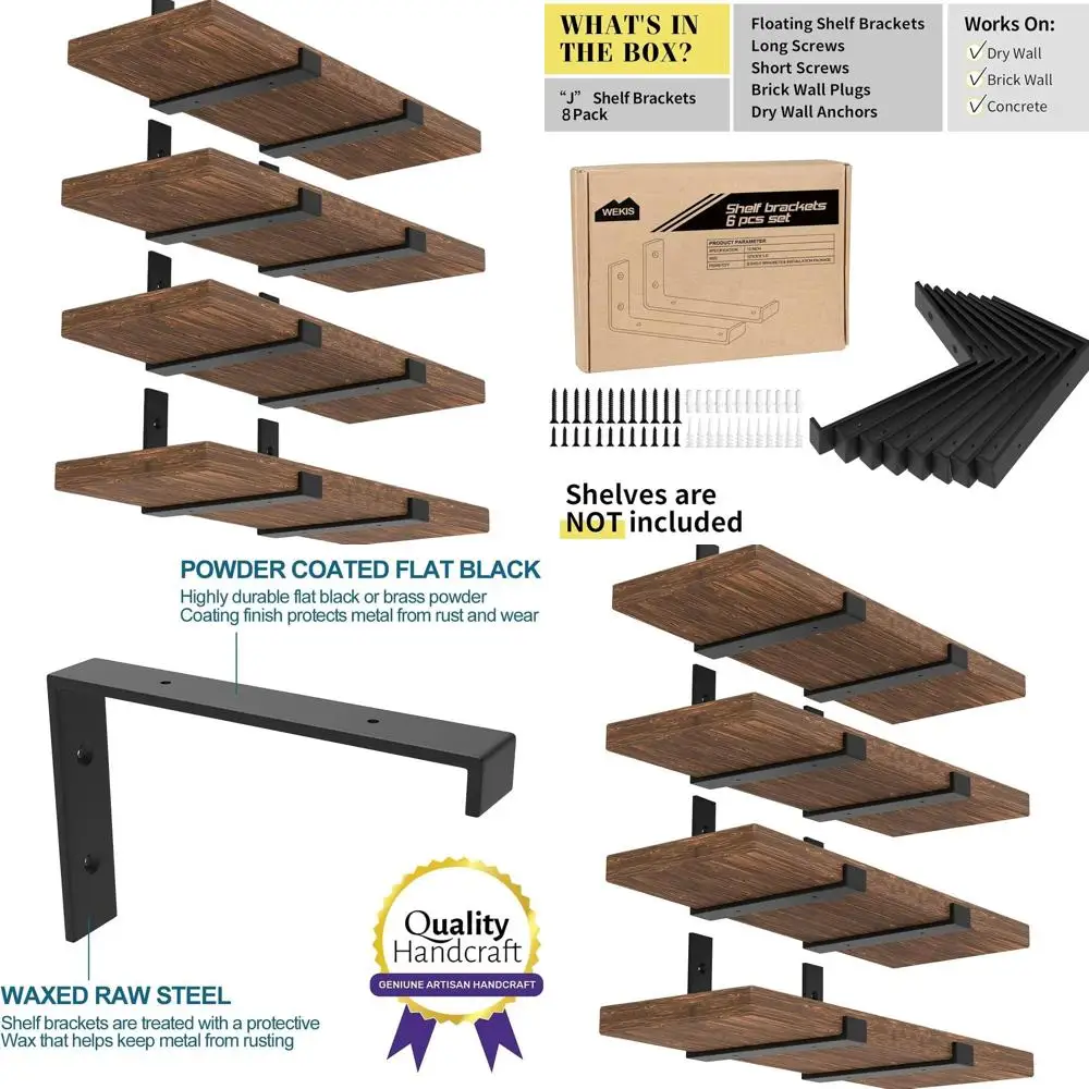 

8-Pack 12 Matte Black Heavy-Duty Metal Floating Shelf Brackets, 1/5 Thick, Industrial Strength