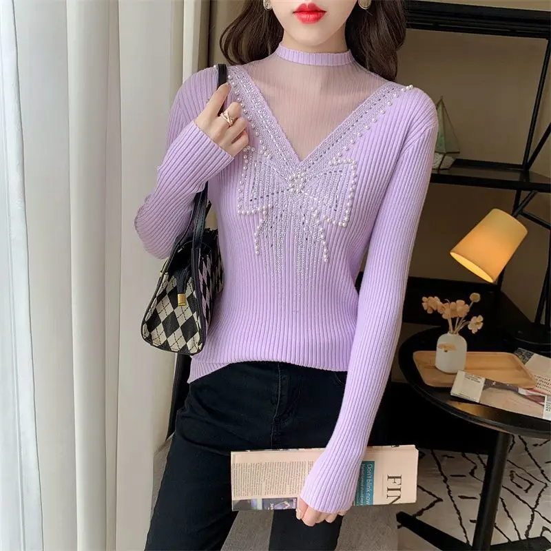 Women\'s Round Neck Autumn Winter New Sweet Gauze Patchwork Long Sleeve Pullover Diamonds Beading Sweater Hollow Out Knitted Tops