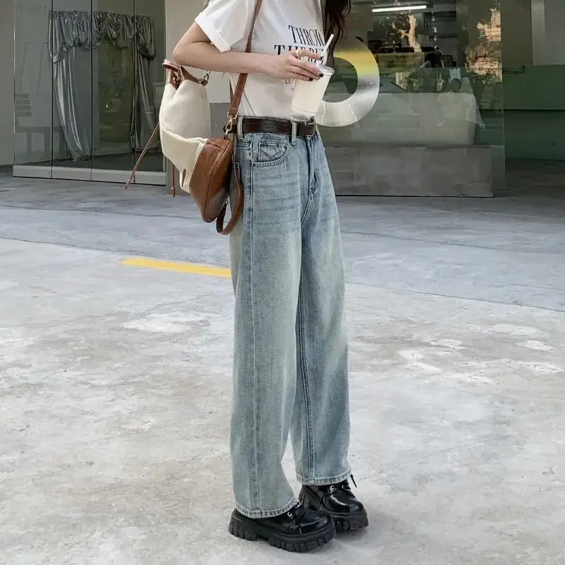 Early Spring Loose Wide Leg Washed Blue Pocket Contrast Color Daddy Small Boyfriend Harem Denim Trousers