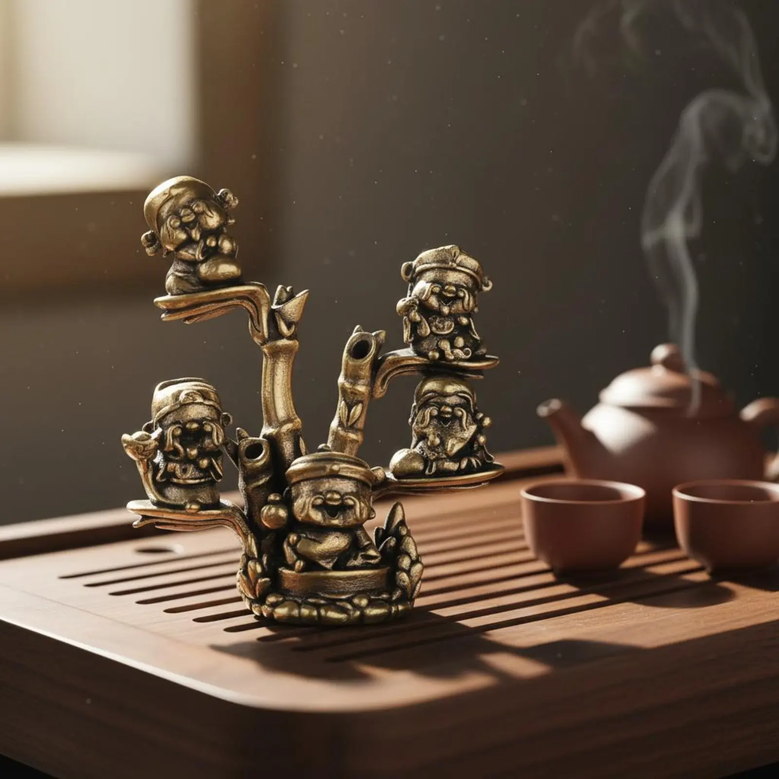 Brass Wealth God Statue Auspicious Gift Tea Pet Figurine Bamboo Branch Decoration Vintage Design Tea Pet Statue Handmade Finish