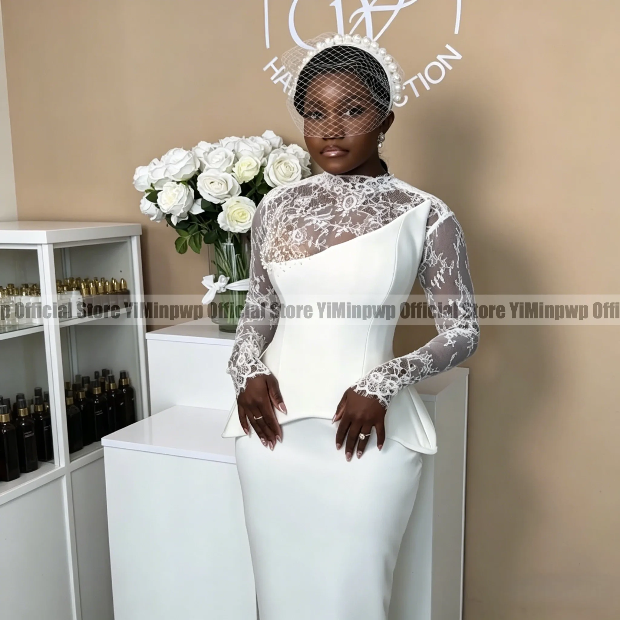 Civil Court Wedding Dresses for Bride Long Sleeve Midi Length Pearls Beads Lace Satin Aso Ebi African Birdal Gowns Customized