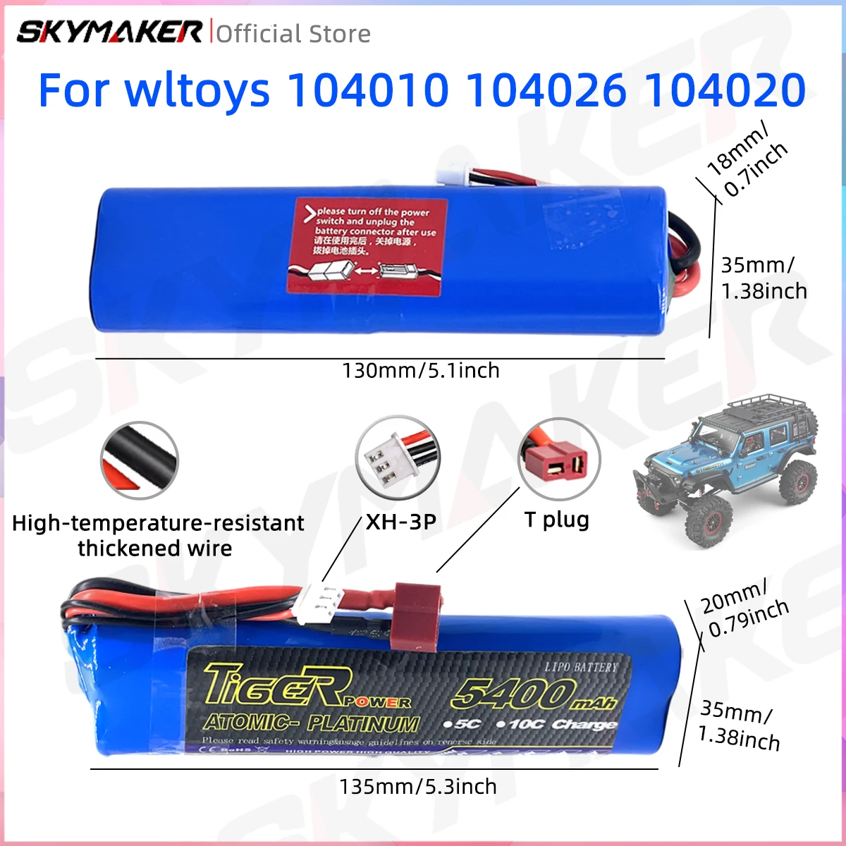7.4v 3000mah 5400mah high-rate lithium battery provides a strong power for driving the motor for wltoys 104010 104026 104020