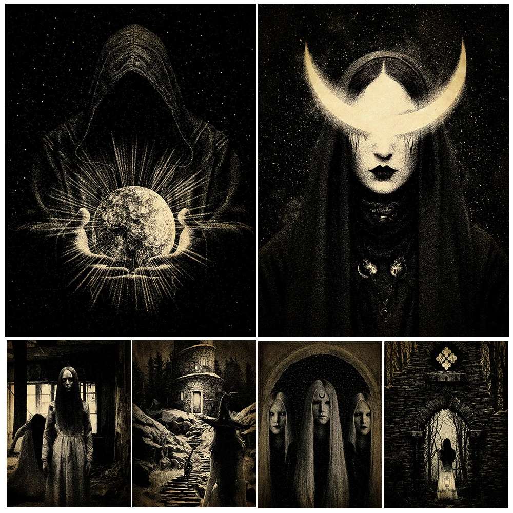 Creepy Wicca Witch And Demon Sister,Abstract Wall Art Canvas Painting,Horror Gothic Witchcraft Vintage Art Poster Print Decor