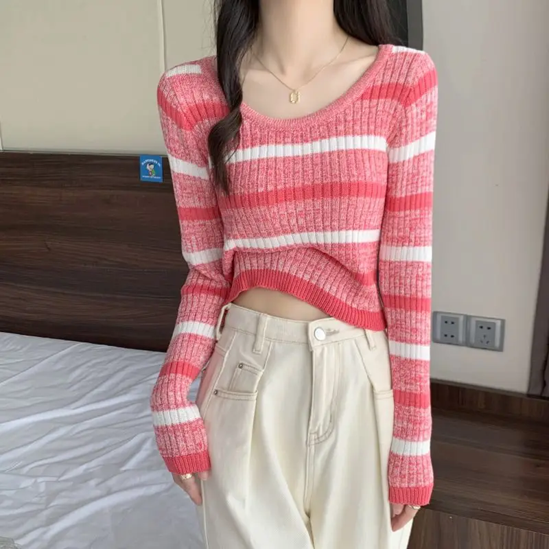 Autumn Women Korean Fashion Striped Sweet Chic Basic Knitted Sweater Y2K Female Casual O Neck Long Sleeve Slim Fit Pullover Tops