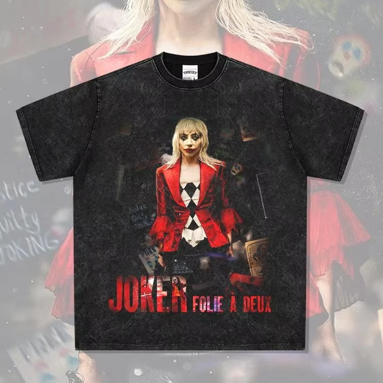 

2025 Леди Гага Клоун 2 Американский фильм Винтажный принт Модная стираная футболка из чистого хлопка с длинными рукавами и короткими рукавами