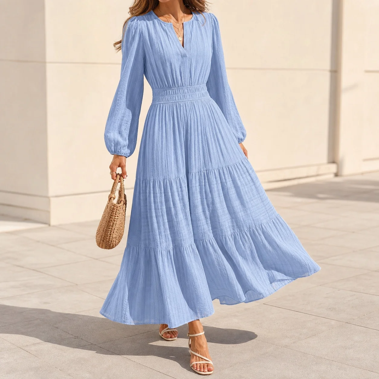 Elegant Women's Summer Casual White V Neck High Waist Full Skirt Cotton Dress with Ruched Waist Cinched Pullover Solid Color