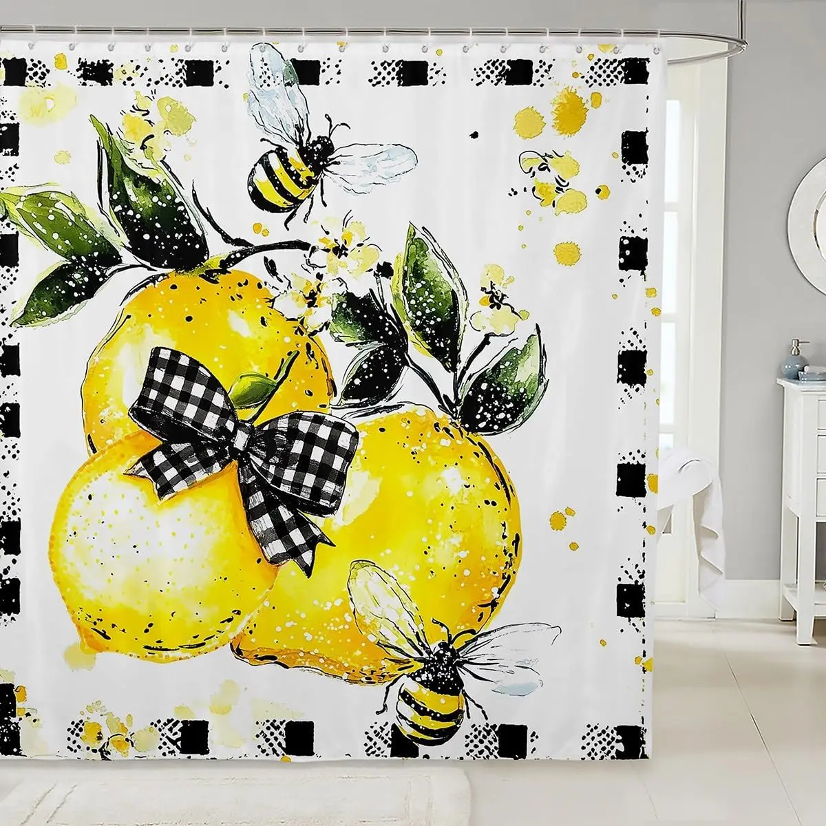 

Summer Lemon Bathroom Curtain Watercolor Summer Fruits Shower Curtain xCartoon Bee Bathroom Accessories for Kids Adults Black