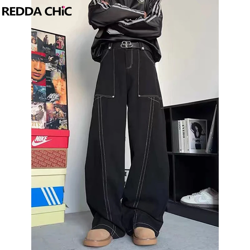 

REDDACHIC Solid Wash White Seamed Men Cargo Pants Big Pockets Casual Straight Wide Low Rise Baggy Jeans Retro Cleanfit Clothes