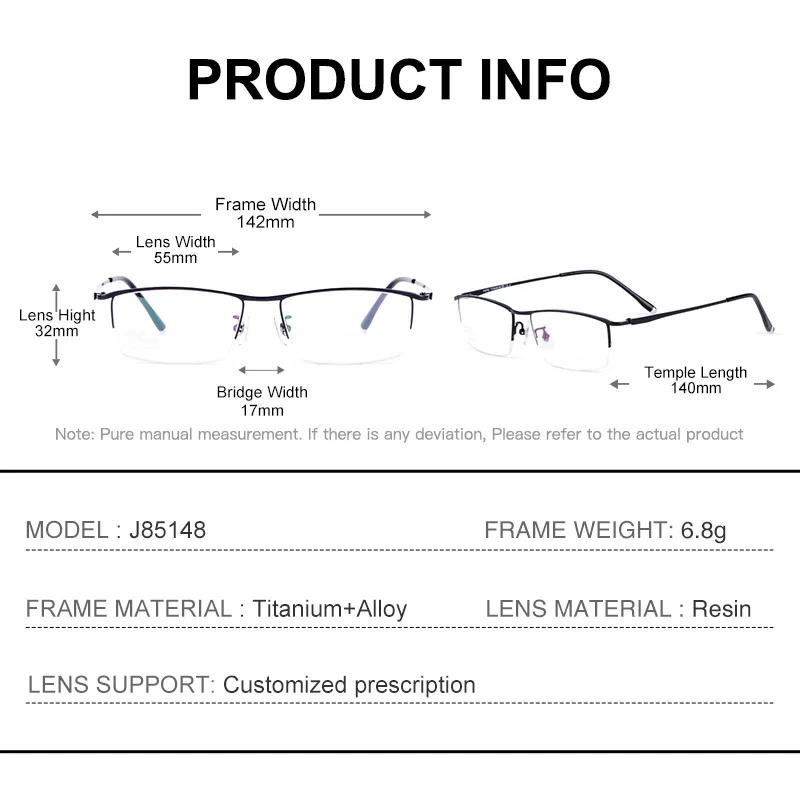 NAICOKI Pure Titanium Glasses Frame For Men Blue Light Blocking Semi-Rimless Spectacles UV400 Business Fashion Eyeglasses J85148