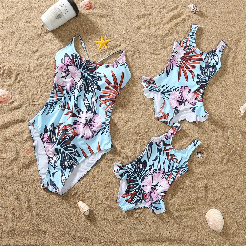 

Tropical Leaf Mother Daughter Matching Swimsuits One-Piece Mommy and Me Swimwear Clothes Mom Mum Baby's Beachwear Bathing Suits