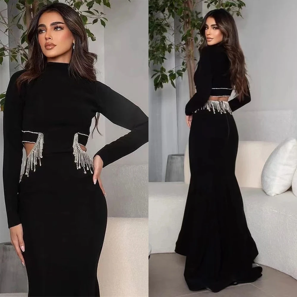 

Tarot Black Tassels Prom Dresses Long Sleeves Mermaid High Collar Satin Saudi Evening Dress Cut-Out Floor-Length فساتين سهرة