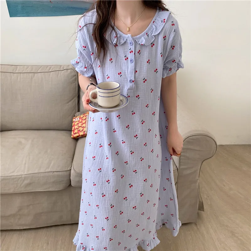 Chemise de nuit à volants en coton pour femmes, vêtements de nuit décontractés à manches courtes, vêtements d\'intérieur à col rond, vêtements d\'été