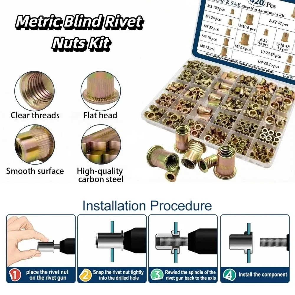 Carbon Steel Rivet Nut M3-M12 Zinc Plated Threaded Insert Tool Rustproof Manual Rivet Nut Assortment Kit Furniture Decoration