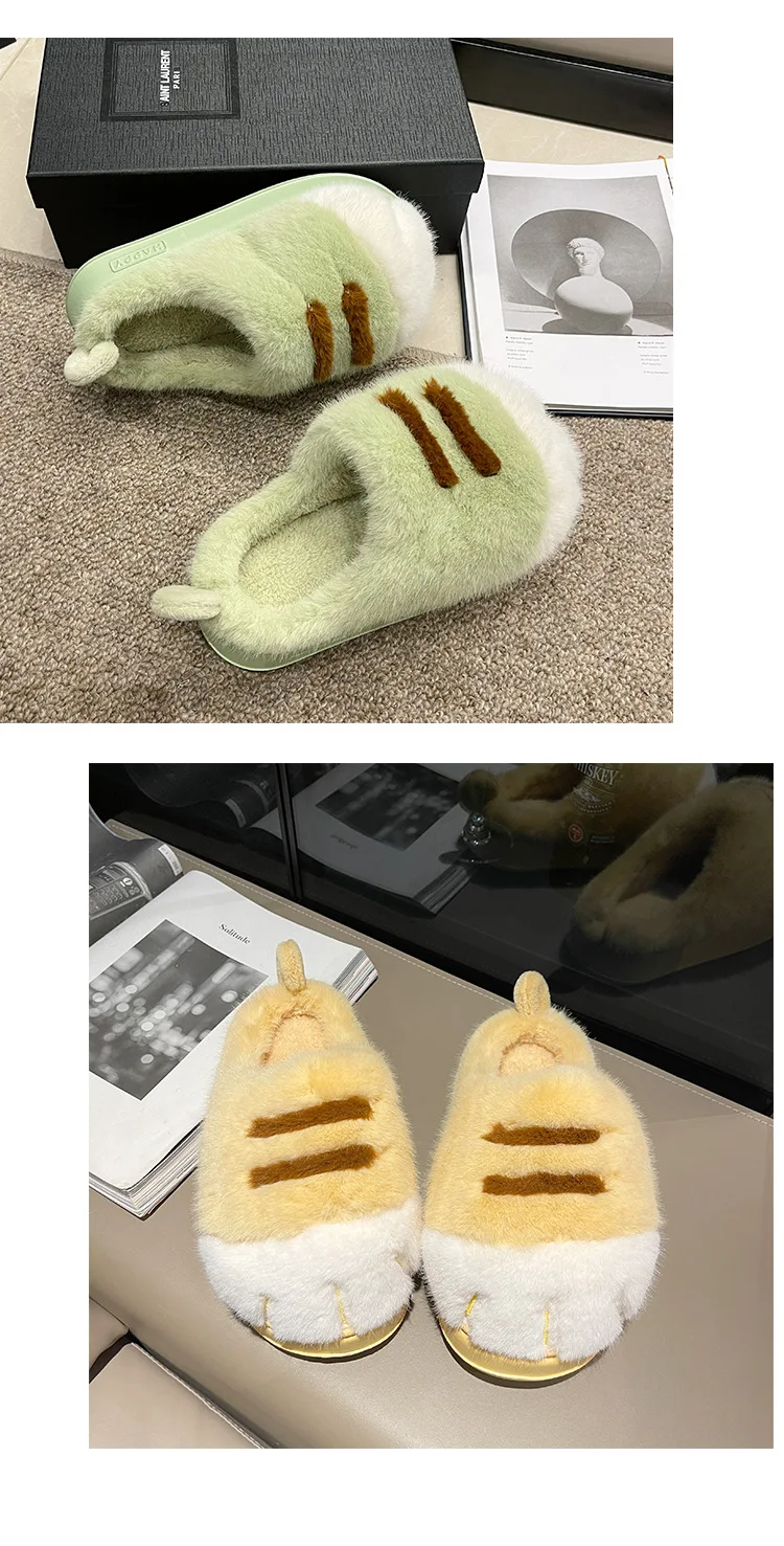 Ins Katzenpfoten-Hausschuhe für Erwachsene, Winter-Flip-Flops, warme Fell-Slides, flauschige Kätzchen-Hausschuhe, Unisex-Hausschuhe mit Tierkrallen-Design, Herren – Detail 17
