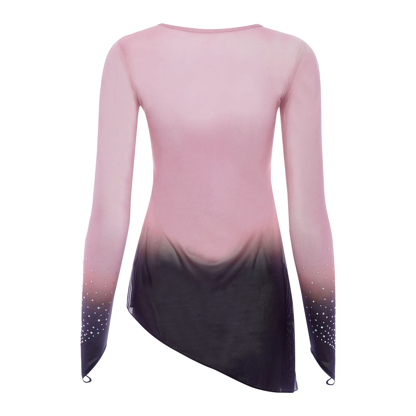 Traje de danza moderna lírico para mujer, traje de actuación de danza clásica, mangas largas, diamantes de imitación degradados, Tops de malla, ropa de entrenamiento de Yoga