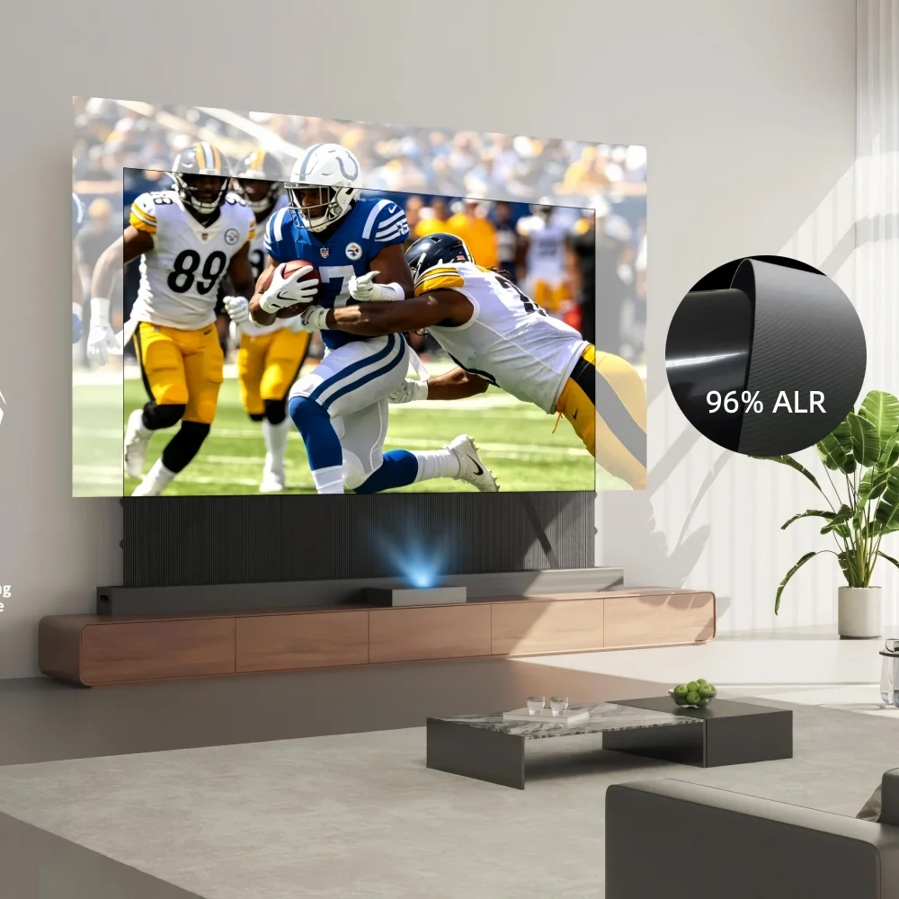 Motorized Floor Rising Projection Screen UST CLR Anti-Light with Perforated Acoustic Transparent Bottom Strip for Laser TV