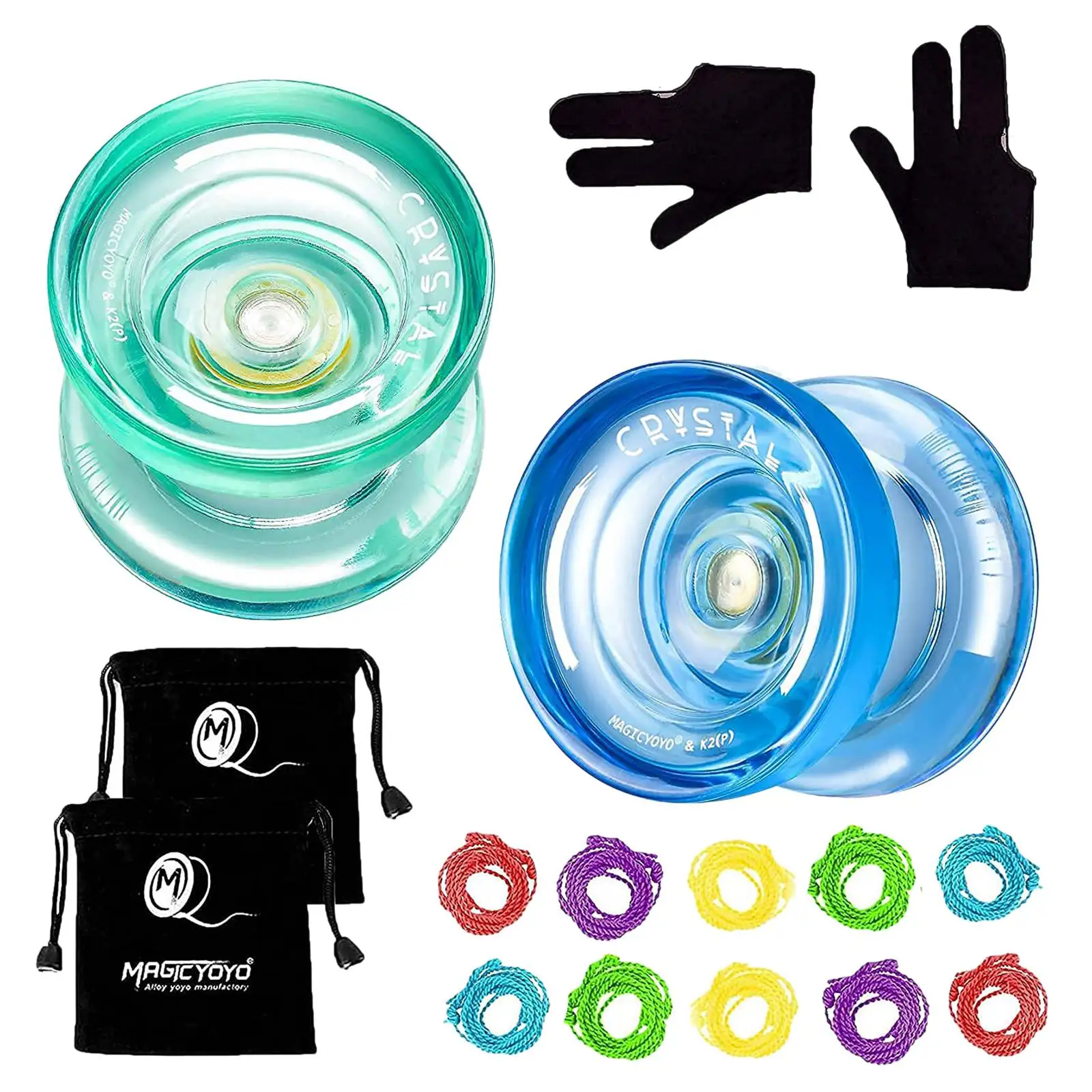 MAGICYOYO K2 Crystal Responsive Plastic Fingerspin Yoyos for Kids Beginners Yo-Yo with 2 Yoyo Gloves,2 Yoyo Bags,10 Strings