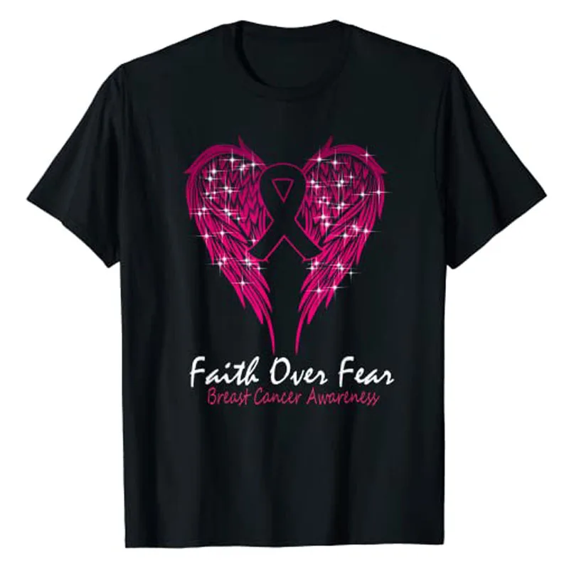 

Breast Cancer Awareness T-Shirt Faith Over Fear Funny Sayings Graphic Tee Top Women's Fashion Short Sleeve Blouses Cotton Outfit