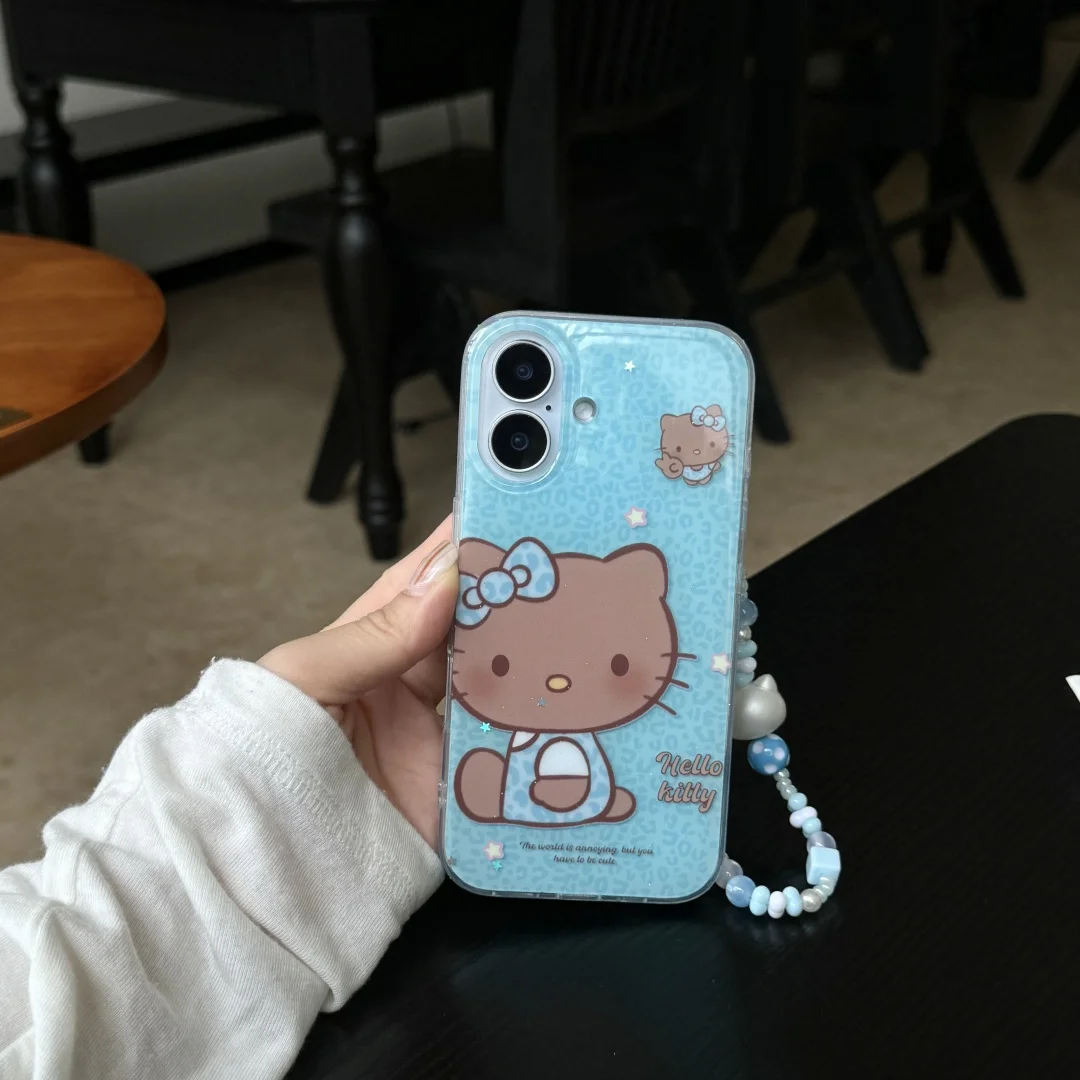 

Fashionabl Black skin Cat Hello Kitty Phone Case For iPhone16 15 14 13 Pro Max Blue leopard print Background Coque with lanyard﻿