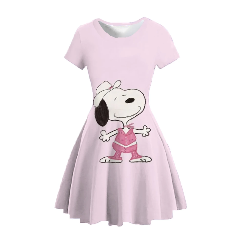 2024 New 3D Printed Snoopy Cartoon Dress Girls Summer Clothes Short Sleeve Princess Dress Comfortable Fabric