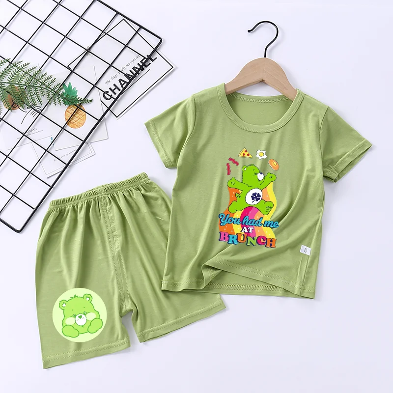 Care Bears 2 ชิ้นกางเกงสูทเสื้อผ้าฤดูร้อนแขนสั้นชุดนอนเด็กบางสาวอากาศเด็กเครื่องปรับอากาศเสื้อยืด HomeBaby ของขวัญ