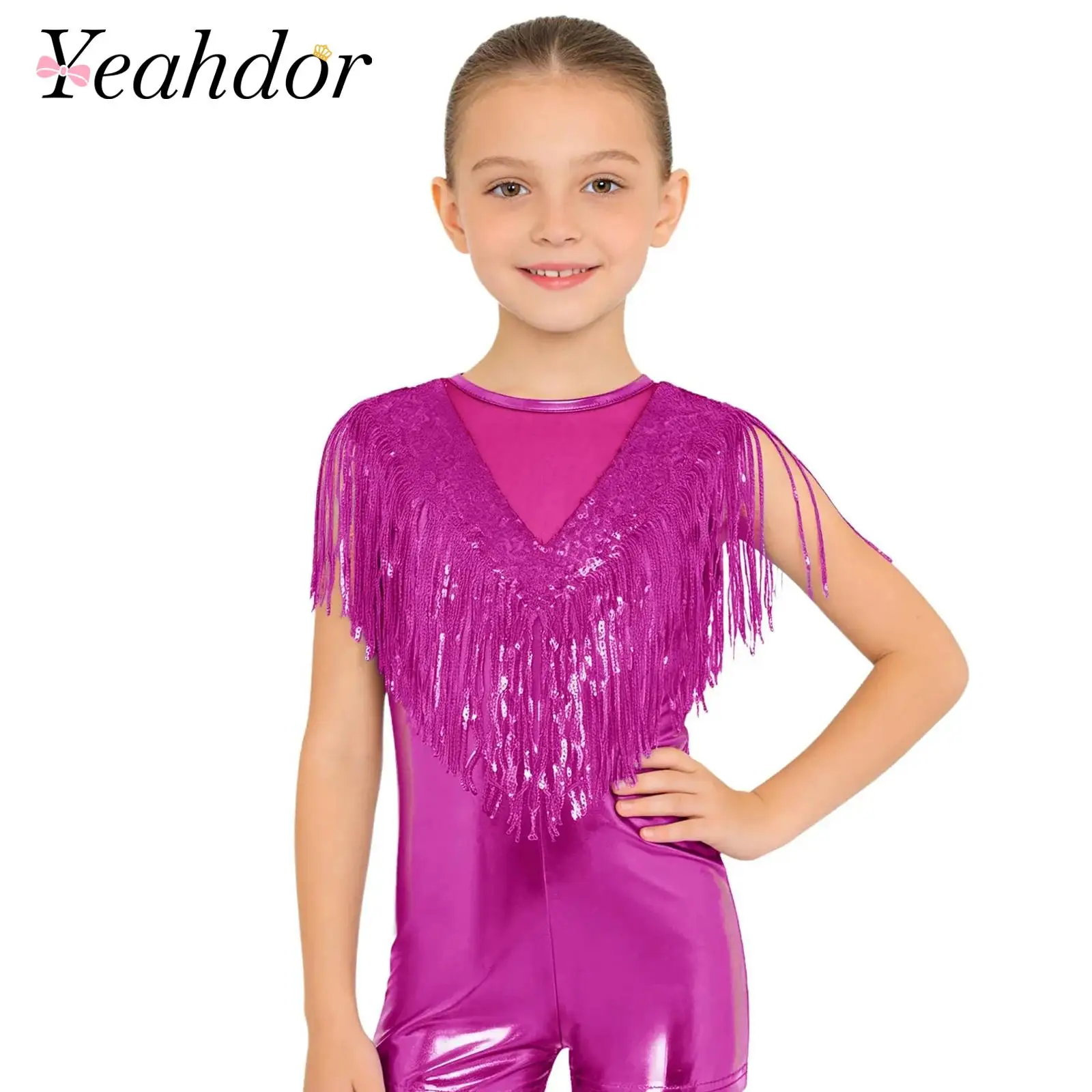 Kids Girls Sequin Tassels Metallic Jumpsuit 70s Disco Costume Sleeveless Bodysuit Stage Performance Dancewear Gymnastics Unitard