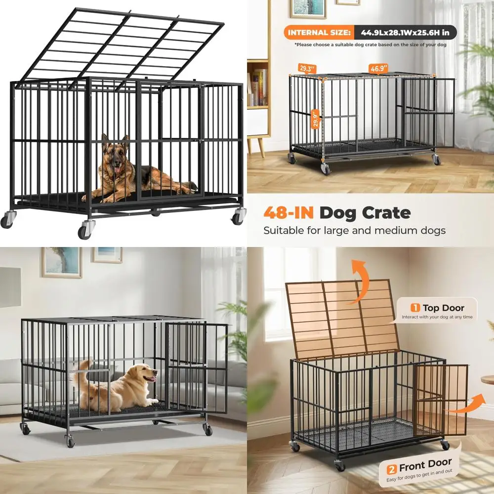 حامل كلب عالي التحمل مقاس 48/42/38 بوصة - فولاذ، مقاوم للهروب، باب مزدوج داخلي، تخفيف القلق العالي، صينية قابلة للإزالة، بعجلات #1