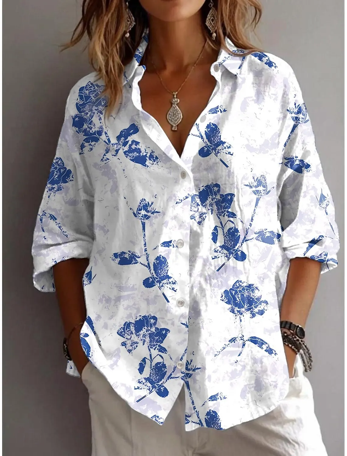Summer Women's Shirt Flower Active Stylish Blouse Lapel Neck Blouse Women's Long Sleeve Shirts Womens Clothing Female Clothing