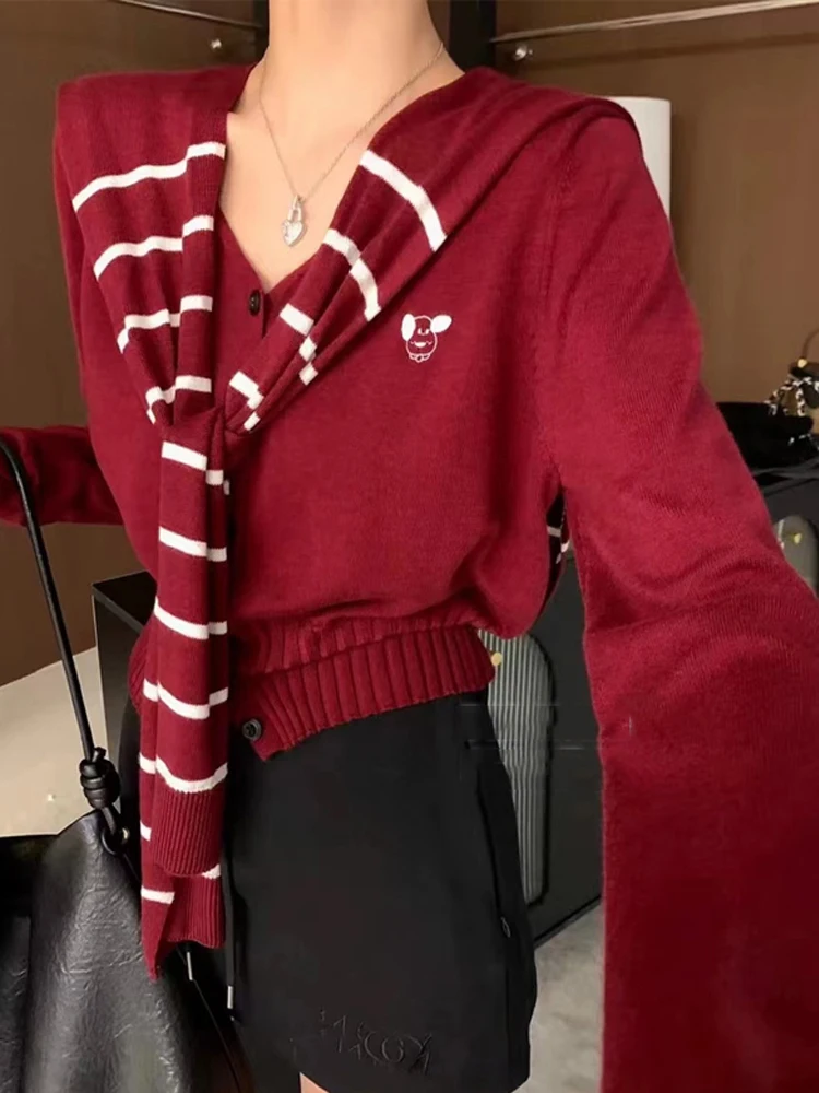 

New Navy Collar Shawl Woolen Knitted Sweater for Women Stylish and Versatile Cardigan Top