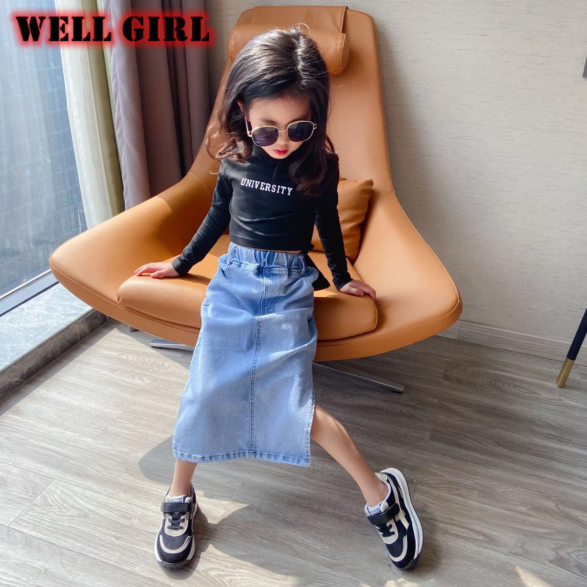 Korean vintage fashion clothes girls jeans skirt ankle length midi skirts split side open high waist bottoms denim 4 to 16 yrs