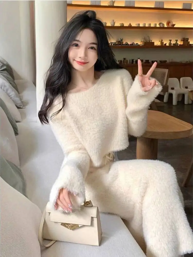 

Sweater Women Winter V-Neck Vintage 2 Piece Suits Knitted Pullover Skirt Korean Fashion Two-Piece Set