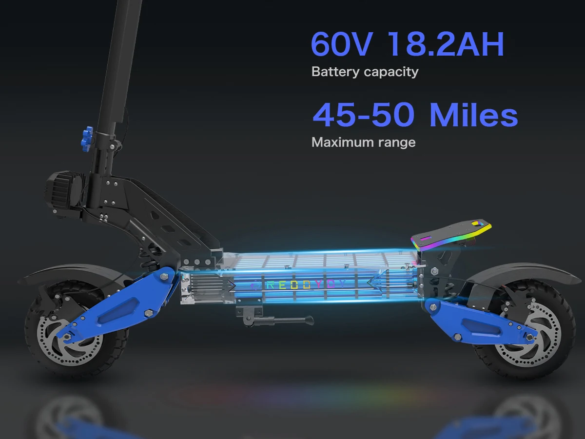 REDDYDY RD2 Electric Offroad Scooter 45MPH Max Speed 3600W Peak Dual Motors Adult Scooter 60V18.2Ah High Capacity Battery 50Miles Max Range 3-riding Modes 10.5" Off-Road Tires Dual Hydraulic Disc Brakes Dual Shock Absorbers NFC Unlocking APP Smart Control