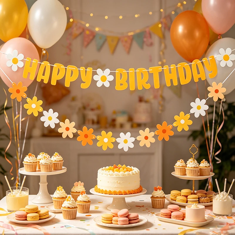 Felt Daisy Happy Birthday Banner Garland Spring Wedding Birthday Party Hanging Decoration Supplies