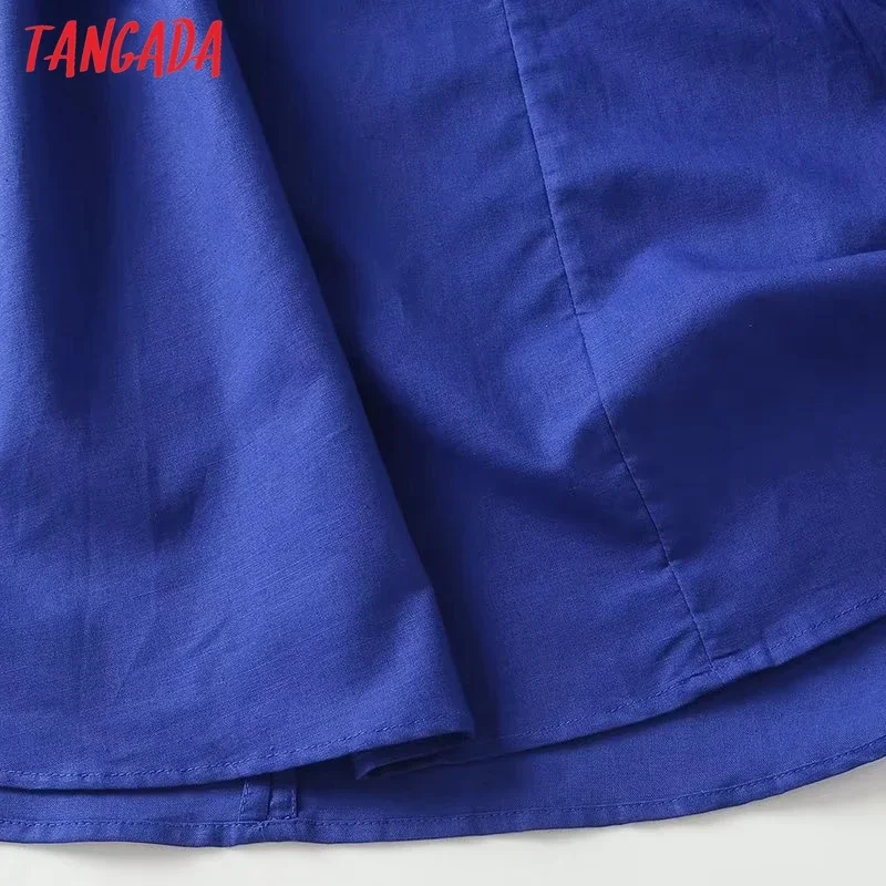 Tangada 2024 Women Blue V Neck Cotton Linen Dress Ladies Sleeveless Elegant Dresses 4C120