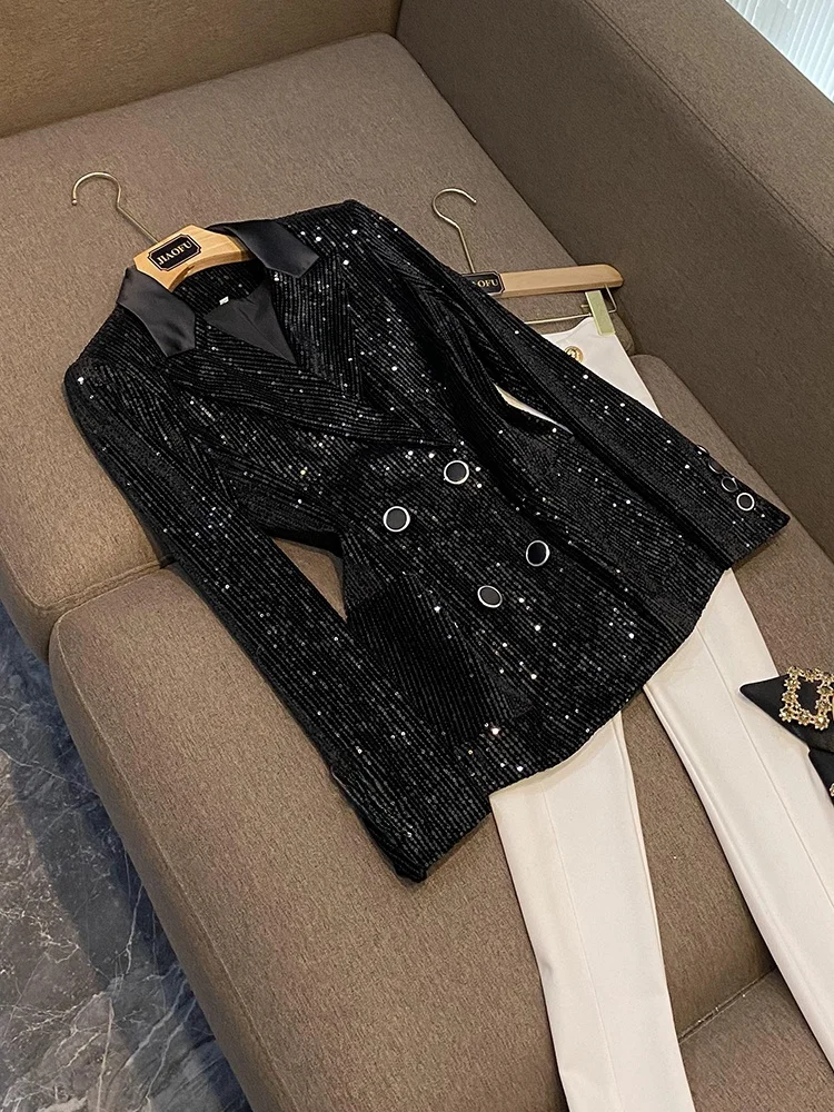 

Бархатный двубортный костюм для похудения Jaet, модное модное женское длинное пальто цвета све