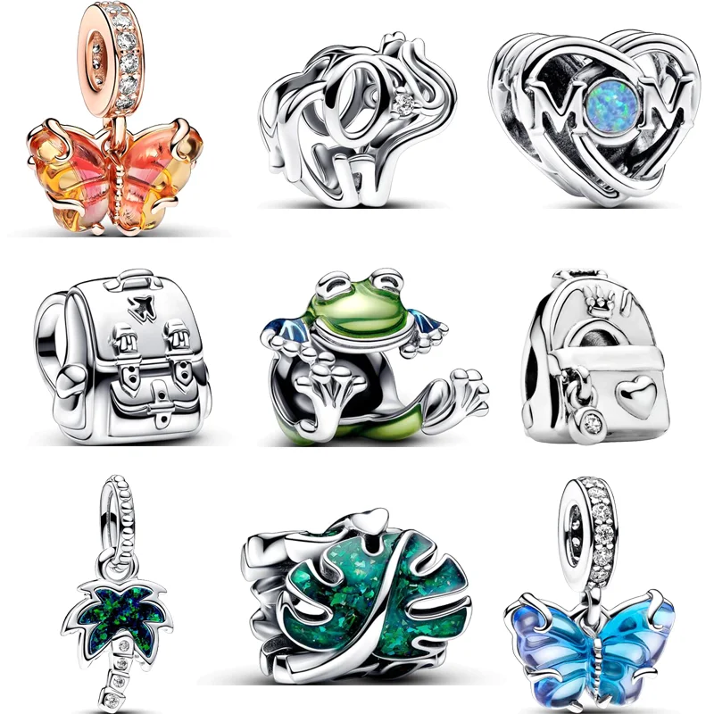 925 Silver Elephant Adventure Backpack Green Frog Leaves Blue Butterfly Beads Fit Original Pandora Charms Bracelet Women Jewelry