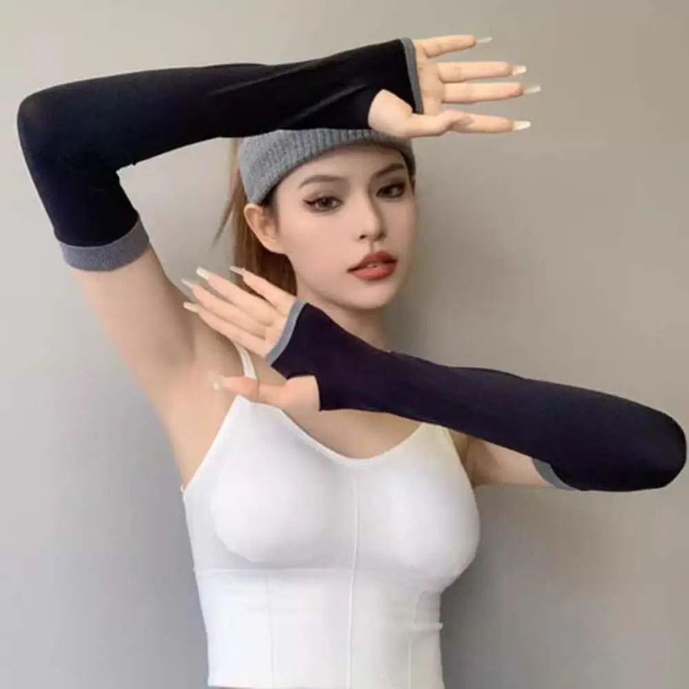 ฤดูร้อนผ้าไหมน้ําแข็งแขนแขนUnisexข้อศอกยืดหยุ่นสูงผู้ชายผู้หญิงFingerlessถุงมือยาวขี่จักรยานวิ่งข้อศอกยืดหยุ่น