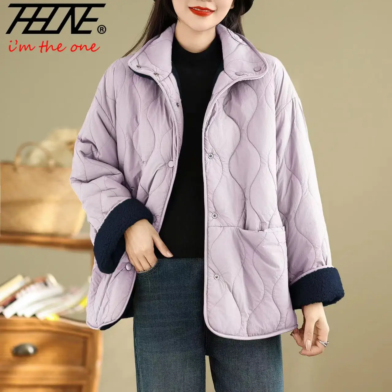 THHONE Otoño Invierno ropa mujer Parkas nueva solapa Retro dos prendas de manga larga lana de cordero algodón acolchado abrigos chaquetas prendas de vestir exteriores