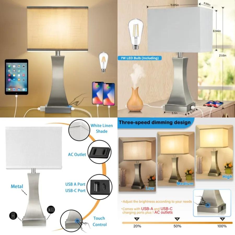 

Table Lamp for Bedroom 3-Way Dimmable Touch Control Bedside Lamp with USB A+C Port and Outlet 21.6" Tall Nightstand Lamp for Li