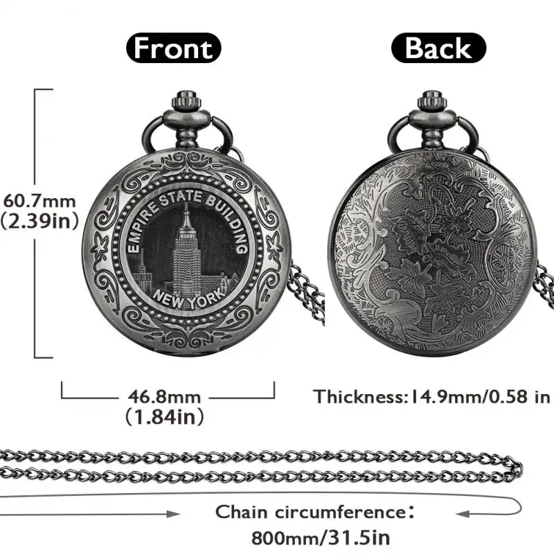 유명한 뉴욕 엠파이어 스테이트 빌딩 디자인 쿼츠 포켓 시계, 스팀펑크 포브 체인 펜던트 목걸이 시계, 남성 여성 선물