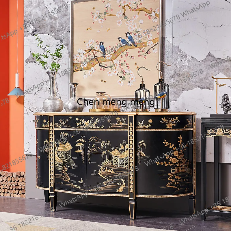 

New Chinese French and European retro solid wood hand-painted black gold-painted villa home semicircle