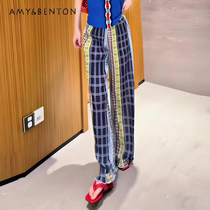

2025 Autumn New Colorful Plaid Pleated Draped Women's Trousers Original Design Retro Sweet Straight Loose Slimming Pants Ladies