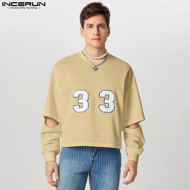 INCERUN Handsmen Simple Digital Printing Hoodies 2024 Men Long Sleeve Hollow Design Sweatshirts Casual O-Neck Fashion Pullovers