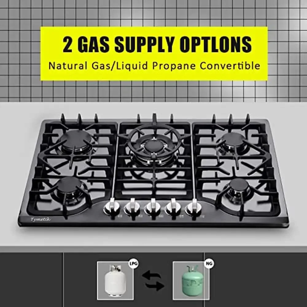 Placa de cocina de Gas de 5 quemadores de acero inoxidable de 30 ", quemadores sellados de alta eficiencia, rejilla Convertible de hierro fundido de alta resistencia LPG/NG 304