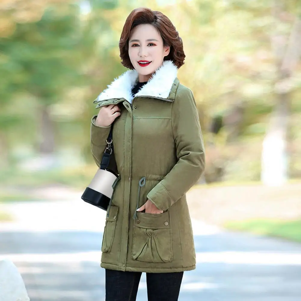 Winter Women Jacket Thickened Turn-down Collar Long Sleeves Plush Coat Mid Length Elastic Waist Pockets Zipper Closure Coat