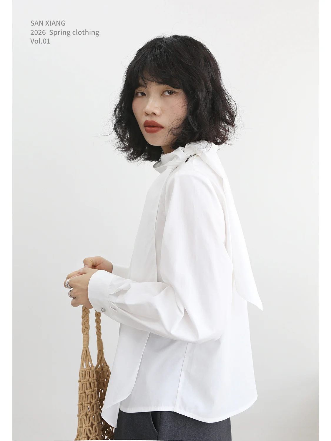 

Simple Cotton Shirt Women's Loose Long Sleeve Stand Collar Belted White Shirt Spring New Design Sensation Fashionable