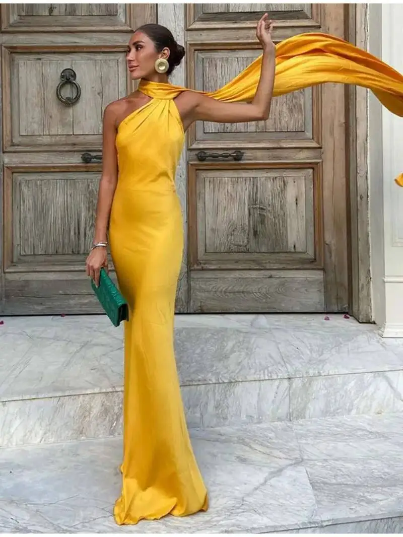 Abito da festa lungo in raso con nastro elegante Abito da donna senza maniche senza schienale solido Abiti da sera chic da donna primavera estate MZ4Q