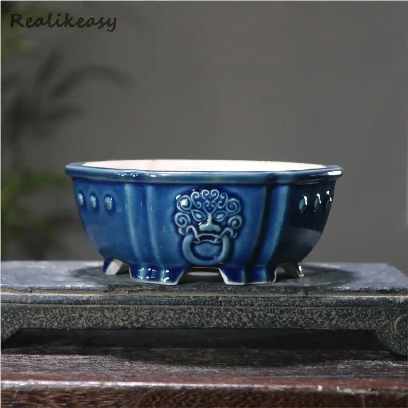 Chinese Style Yixing Purple Clay Flower Pot Ceramic Bonsai Pot Hexagonal Animal Pattern Japanese Style Cracked Flower Pot LE140