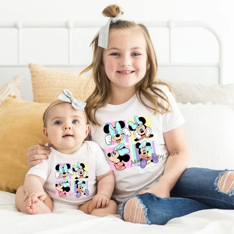 New Disney Minnie Mouse Shirts Cute Mother and Kids Tshirts Tops Baby Romper Funny Look Disneyland Trip Family Matching Outfits